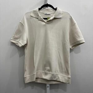 Zara Men's Cream Ribbed Polo Shirt